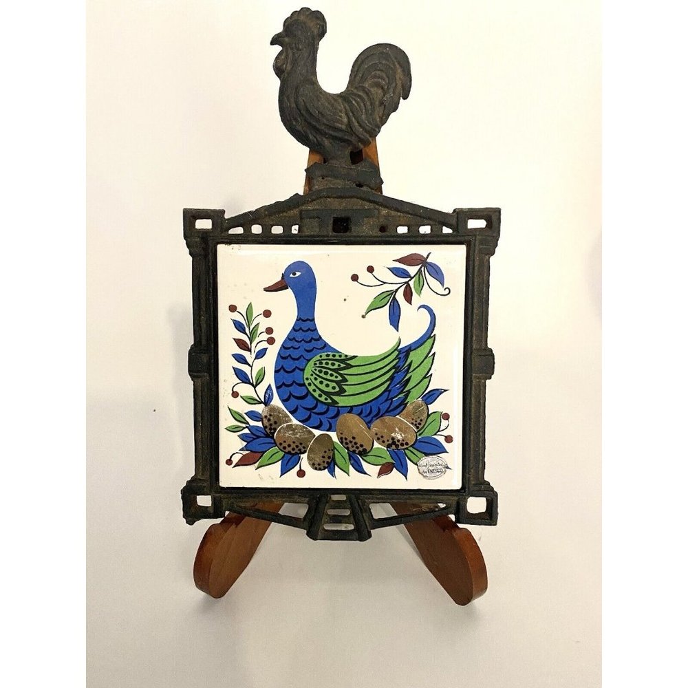 Enesco Cast Iron Trivet Made in Japan Blue Goose w/Eggs MCM